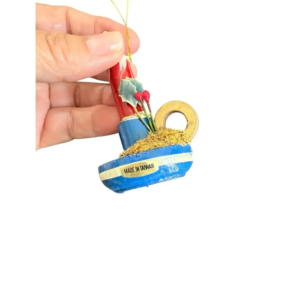 Wood Candle Candlestick Christmas Ornament Holiday Painted Vintage Taiwan